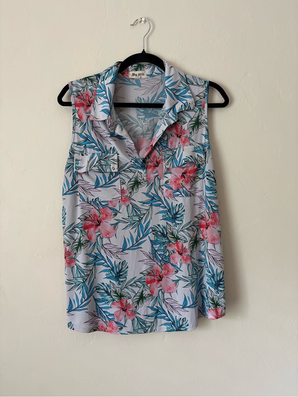 Sleeveless Floral Collared Tank Top - Pink & Blue